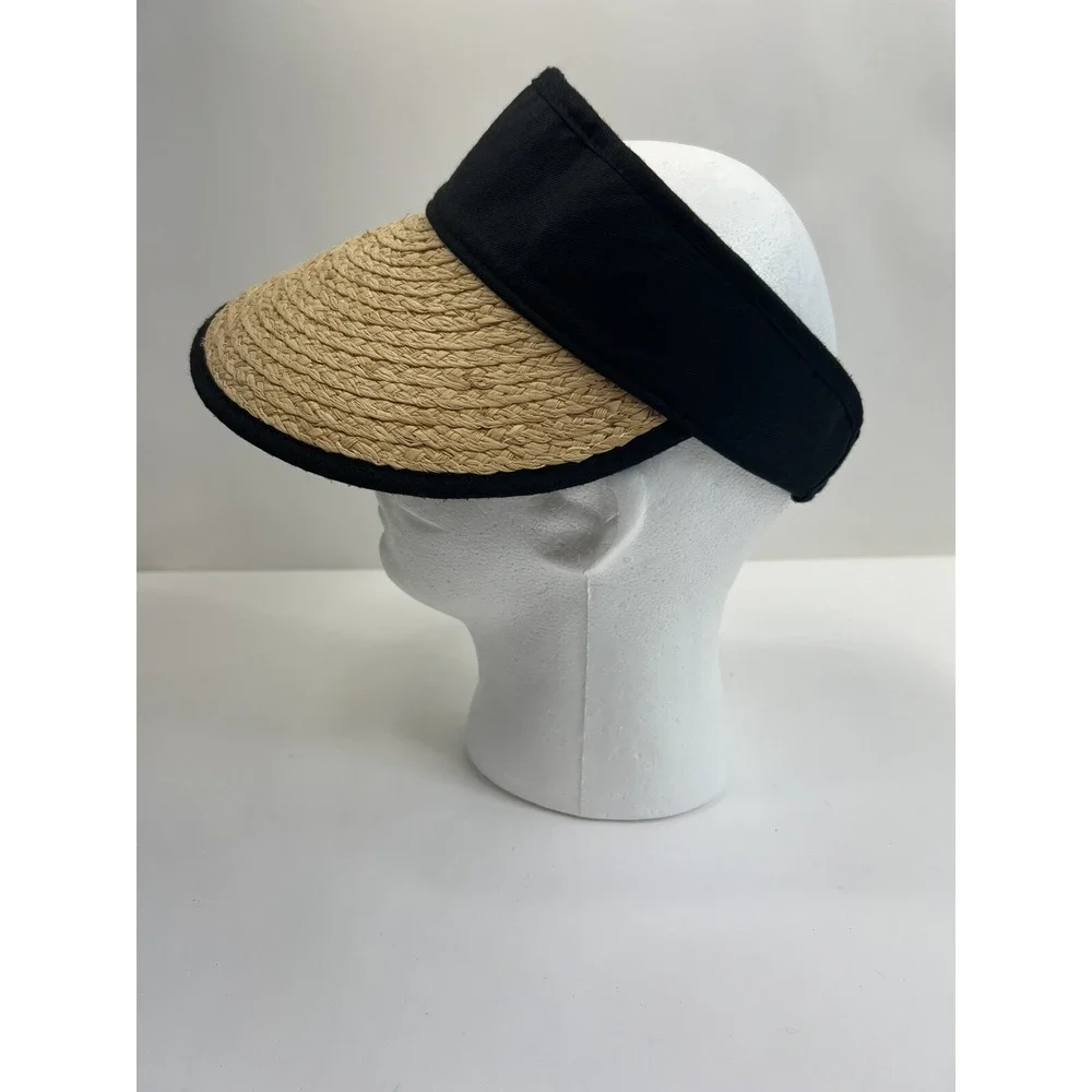 Straw Visor Hat Stretch Headband with Black Trim Womens 
